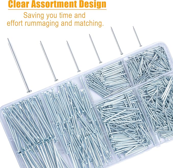 KURUI 700pcs Hardware Nails for Hanging Pictures, Up to 2"-Long Finish Nails Assortment Kit for Wall Art Decor, 640 Frame Nails and 60 Small Finishing Nails for Drywall Wood - Silver Picture Hangers