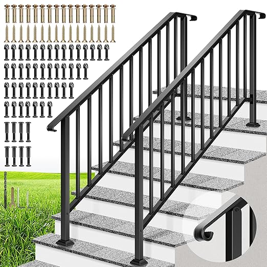 VIVOHOME 2-Pack 6 Step Galvanized Steel Hand Rails for Outdoor Steps – Curved Ends and Safety Balusters Exterior Railing for Porch, Deck, or Indoor Stairs, Complete Installation Kit