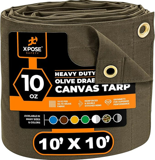 Xpose Safety Canvas Tarp - 10oz Olive Drab Canvas Tarps Heavy Duty Water Resistant with Brass Grommets- Multipurpose Outdoor Tarpaulin for Camping, Canopy, Trailer, Equipment Cover 10' x 10'