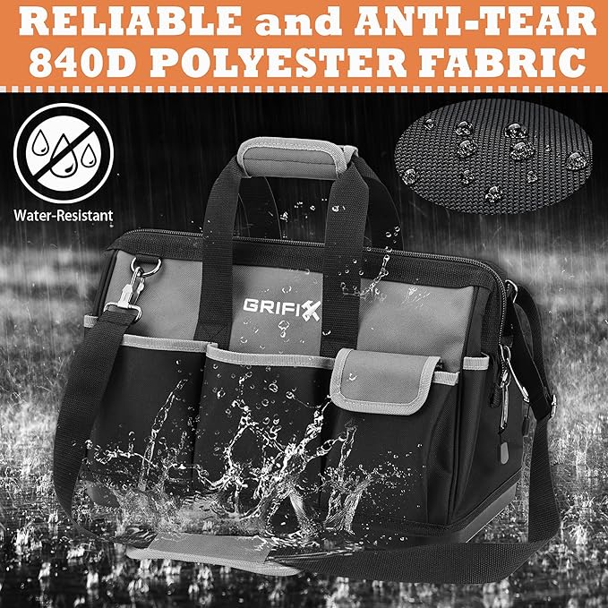 17-inch Tool Bag, Tool Box Organizer Storage, Wide Mouth Tool Tote Bag with Large Zipper, 17-Pocket Portable Adjustable Shoulder Strap and Ergonomic Handle (17" Molded Base)