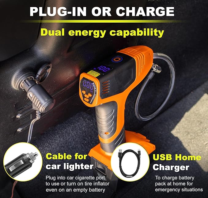 EMSON Bullseye Pro ASON TV Digital Tire Inflator Automatic 150 PSI w/Gauge Display Screen & Pre-set Pressure in KPA,PSI,BAR,Kg/cm,Built-in LED Lights,Rechargeable,Air Compressor,Car Tire Pump,Orange