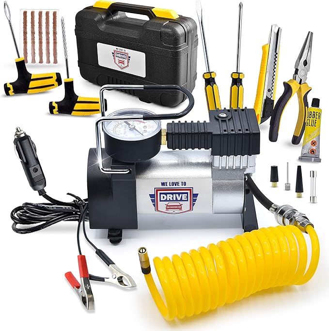 Tire Inflator Portable Air Compressor with Tire Repair Kit – 12V DC Air Pump for Car Tires, 150 PSI Electric Air Pump with Tyre Pressure Gauge, Emergency Kit, and Car Accessories Air Pump