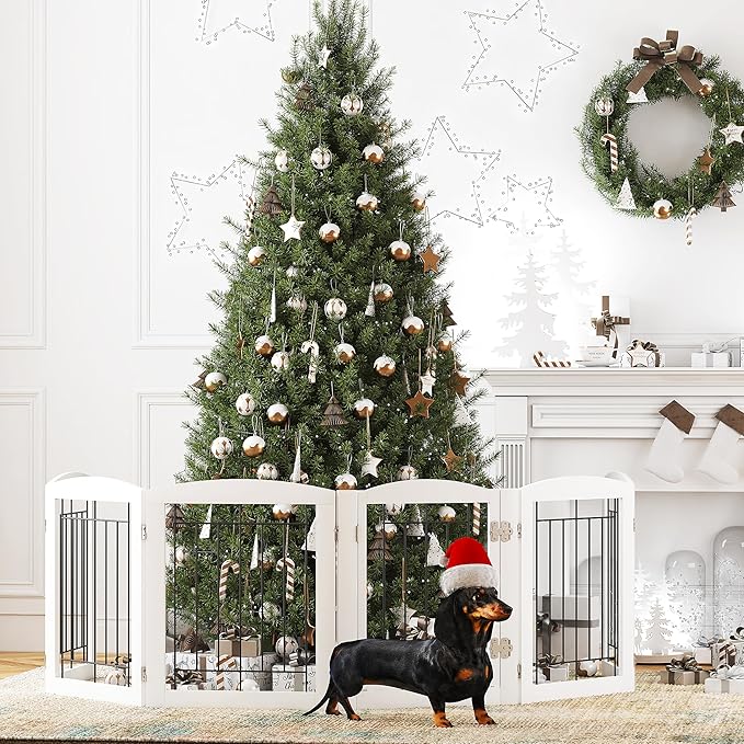 PAWLAND Dog Gate Indoor with Walk Through Door, Foldable Free Standing Pet Gate for Doorways, Stairs, The Houes, Pet Puppy Safety Fence, 120 in Extra Wide, 6 Panels, Support Feet Included, White