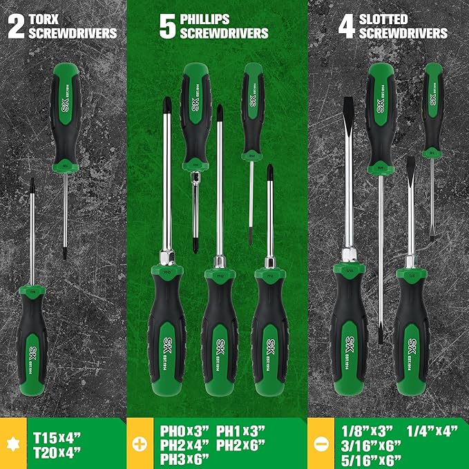 SK 11-Piece Magnetic Screwdriver Set, Includes Slotted/Phillip/Star Screwdrivers, S2 Steel, SureGrip Handle