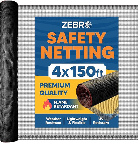 Fire Retardant Debris Safety Netting (4' x 150' - Black) - High Visibility Construction & Scaffolding & Railing & Elevator Netting for Enhanced Safety - Construction Fencing