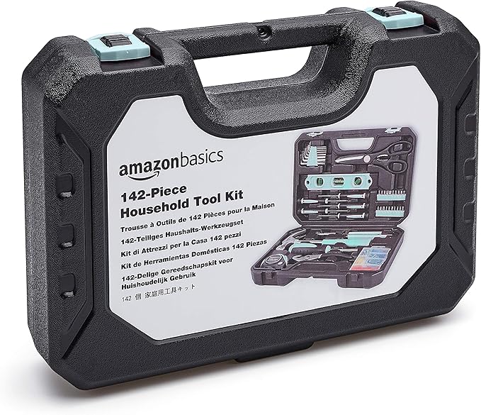 Amazon Basics Household Tool Kit With Storage Case, 142 Piece, Turquoise, 13.39 x 9.25 x 2.95 inch
