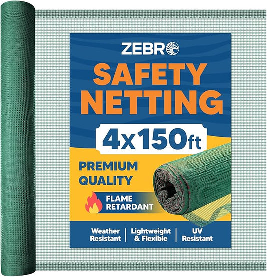 Fire Retardant Debris Safety Netting (4' x 150' - Green) - High Visibility Construction & Scaffolding & Railing & Elevator Netting for Enhanced Safety - Construction Fencing
