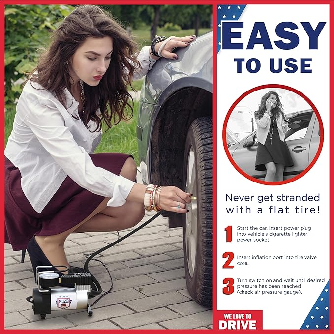 Tire Inflator Portable Air Compressor – 12V DC Air Pump for Car Tires, 150 PSI Electric Air Pump with Tyre Pressure Gauge – Corded Silver by WE LOVE TO DRIVE