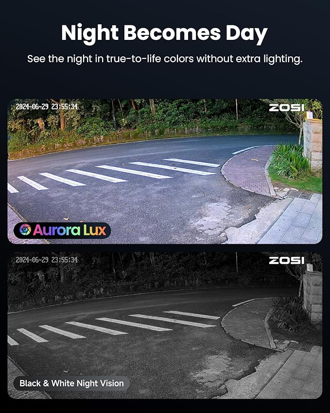 ZOSI 4K 8MP 8CH PoE Security Camera System, 4pcs 3K 5MP C186 Aurora Lux True Full Color Night Vision Outdoor Indoor PoE Wired Cameras, Person/Vehicle Alerts, Light & Siren, Two-Way Talk, with 2TB HDD