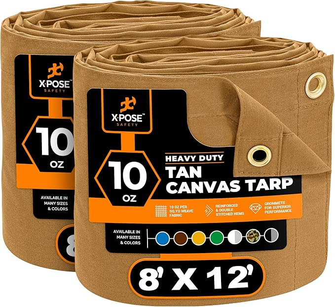 Xpose Safety Canvas Tarp - 10oz Tan Canvas Tarps Heavy Duty Water Resistant with Brass Grommets- Multipurpose Outdoor Tarpaulin for Camping, Canopy, Trailer, Equipment Cover 8' x 12' (2 Pack)