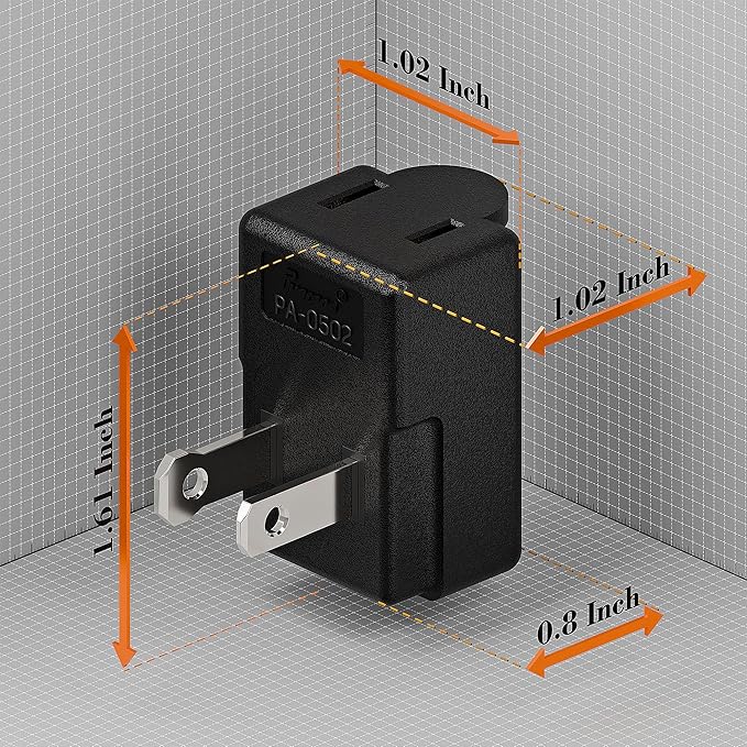 Right Angle Adapter,2-Prong 90 Degree Downward Angled AC Adapter, Polarized 2-Prong L Type Adapter, Vertical Right Angled Down Angle Power Adapter, PA-0502B Black