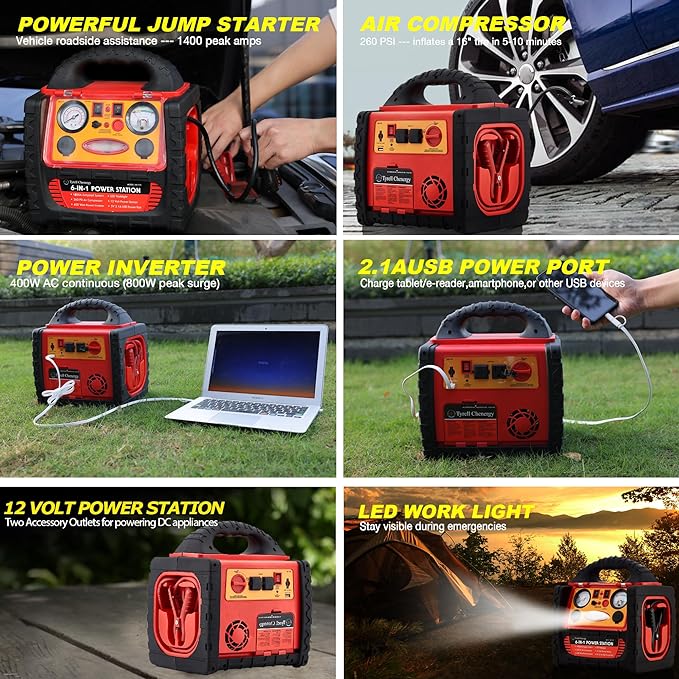 1800 Amp Car Jump Starter with Air Compressor,Portable Power Station with 260 PSI Tire Inflator,400W Power Inverter Dual AC/DC Ports,2.1A USB Port,Battery Clamps