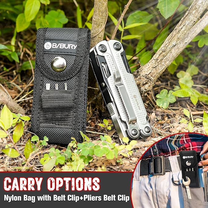 BIBURY Multitool Pliers BI2048B, Stainless Steel Multi Tool with Upgraded Rope Cutter and Screwdrive, Foldable Self-locking Multitools with Nylon Pouch, Ideal for Camping, Hiking, Survival, Repair