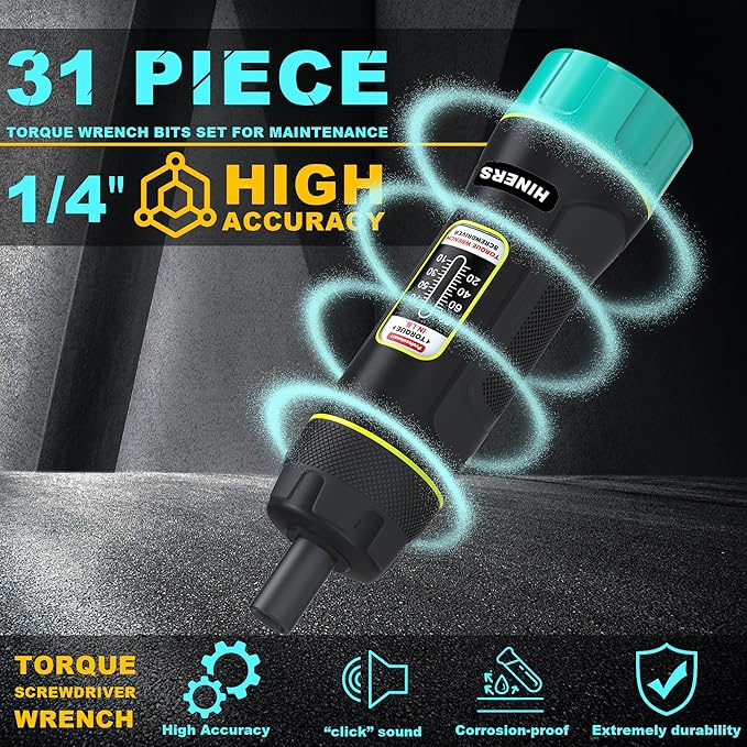31 Piece Torque Screwdriver Wrench Driver Set 1/4" 10-80 Inch Pounds lbs with 30pcs S2 Bits for Maintenance, Tools, Bike Repairing and Mounting