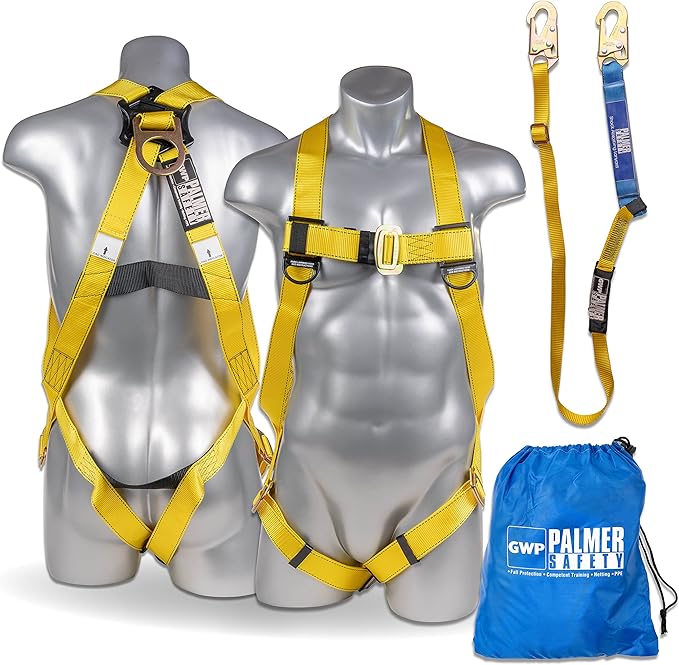 Palmer Safety Safety Harness w/Detachable 6 ft Lanyard I Single Leg Lanyard w/Internal Shock Absorbing & Snap Hook