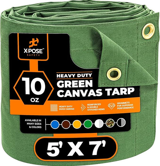 Xpose Safety Canvas Tarp - 10oz Green Canvas Tarps Heavy Duty Water Resistant with Brass Grommets- Multipurpose Outdoor Tarpaulin for Camping, Canopy, Trailer, Equipment Cover 5' x 7'
