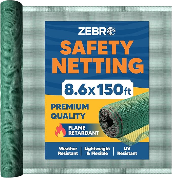 Fire Retardant Debris Safety Netting (8.6' x 150' - Green) - High Visibility Construction & Scaffolding & Railing & Elevator Netting for Enhanced Safety - Construction Fencing