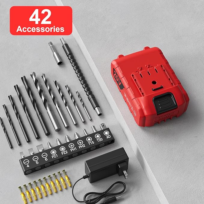 Cordless Drill Set, 20V Power Drill with Power Pack 2.0Ah and Charger, 3/8-Inch Keyless Chuck Electricdrill, 25+1 Torque, 42pcs Drilldriver Bits/Screws for DIY Projects (Red)
