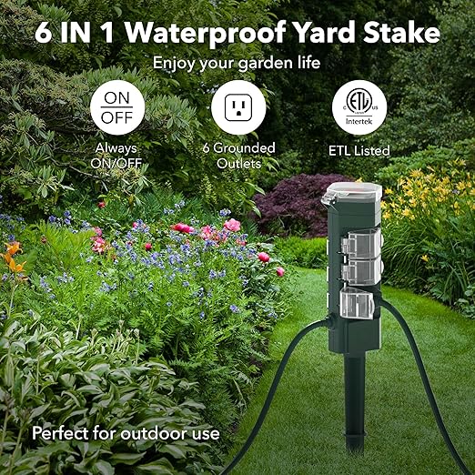 HBN Outdoor Power Strip Yard Stake 6ft Extension Cord,Outside Multiple Plug Outlet with 6 Grounded Outlets,Weatherproof Extension Cord for Halloween/Christmas Decoration Lights,ETL Listed