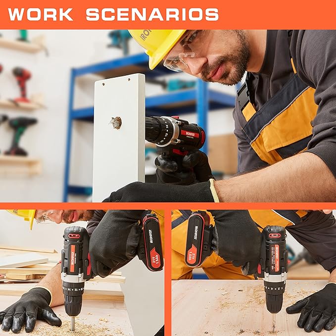 Cordless Drill, Screwdriver Impact Power Tools 21V Lithium Battery 3/8inch Keyless Chuck Led Light 2 Speed Driver