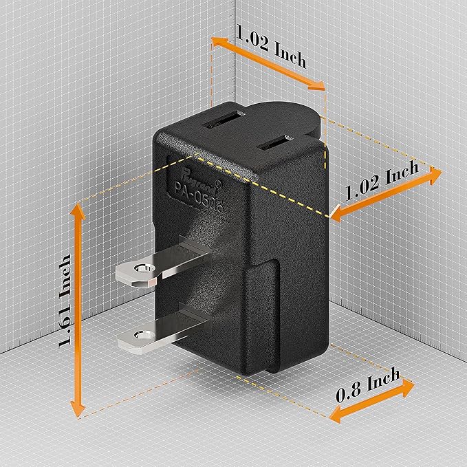Right Angle 2-Prong 90 Degree Leftward AC Adapter, Polarized L Type, Vertical Down Power Adapter, PA-0506B Black