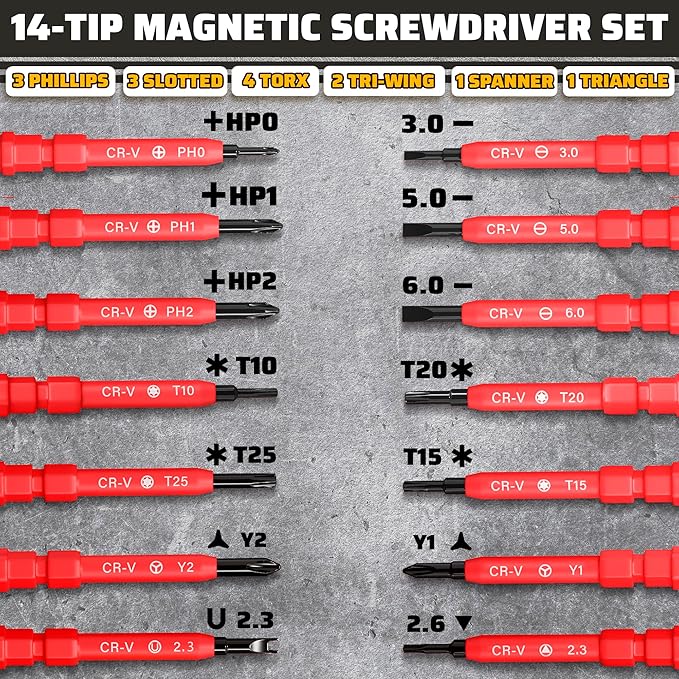 14 Tips Multi Bit Screw Driver Kit - Screwdriver Set for Various Uses, Versatile Head Types (Crosshead, Slotted, 6-Point, Square, Hexagonal), Strong Magnetic Tips and Insulated Cover, Convenient Case