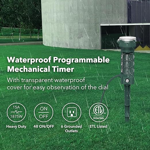HBN 24 Hour Mechanical Outdoor Tmer for Lights Waterproof,6 Outlets Power Yard Stake for Halloween/Christmas Decorations,Outside Power Strip for Yard Garden,6 ft Extension Cord,1875W/15A