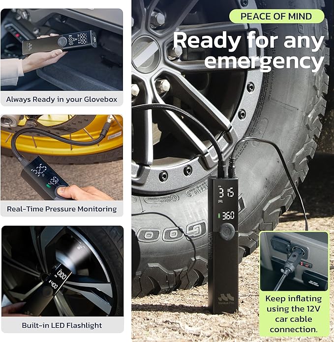 Tire Inflator Portable Air Compressor for Car, Bike, Motorcycle, SUV, Offroad & Truck - Fast Car Pump, 150 PSI, Cordless 12V DC, LED Display Emergency Light Woowind (Ventus pro)