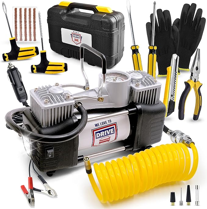 Tire Inflator Portable Air Compressor – 12V DC Air Pump for Car Tires, 150 PSI Electric Air Pump with Tyre Pressure Gauge – Corded Black by WE LOVE TO DRIVE