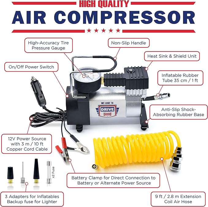 Tire Inflator Portable Air Compressor with Tire Repair Kit – 12V DC Air Pump for Car Tires, 150 PSI Electric Air Pump with Tyre Pressure Gauge, Emergency Kit, and Car Accessories Air Pump