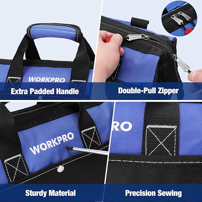 WORKPRO 13-inch Tool Bag, Wide Mouth Tool Tote Bag with Inside Pockets for Tool Storage