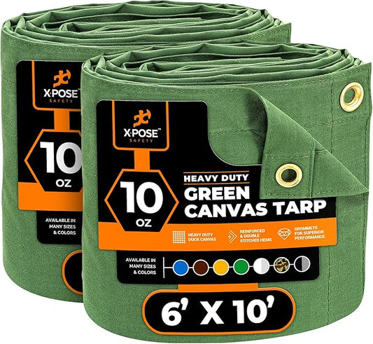 Xpose Safety Canvas Tarp - 10oz Green Canvas Tarps Heavy Duty Water Resistant with Brass Grommets- Multipurpose Outdoor Tarpaulin for Camping, Canopy, Trailer, Equipment Cover 6' x 10' (2 Pack)