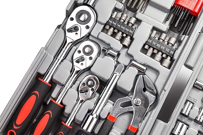 CARTMAN 205 Piece Ratchet Wrench Tool Set 1/4" & 3/8" & 1/2" Drive with SAE/Metric Sockets Kit in Plastic Toolbox