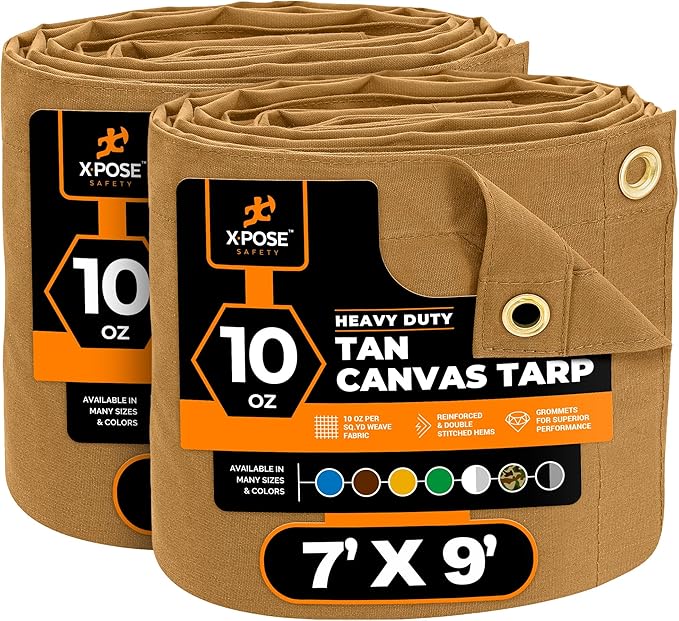 Xpose Safety Canvas Tarp - 10oz Tan Canvas Tarps Heavy Duty Water Resistant with Brass Grommets- Multipurpose Outdoor Tarpaulin for Camping, Canopy, Trailer, Equipment Cover 7' x 9' (2 Pack)