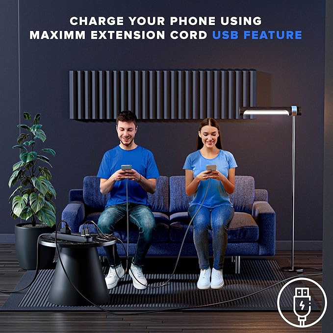 Extension Cord with USB Ports 1FT, USB Extension Cord and 360° Rotating Flat Plug Extension Cord, 3-Outlet with USB Ports (2 Ports), 3 Prong Extension Cord, Grounded Extension Cord (Black)