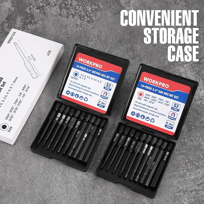 WORKPRO 20pcs Hex Head Allen Wrench Drill Bit Set, CNC Machined S2 Steel Magnetic Metric and SAE Hex Bits, 1/4 Inch Square Shank Driver Bits, 2.3" Long Screwdriver Bits Set With Storage Box