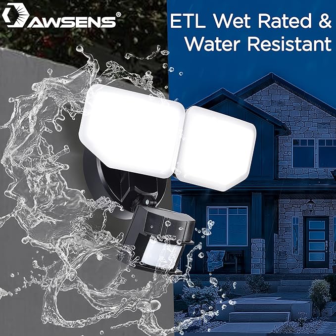 30W LED Security Lights Motion Sensor Light Outdoor, 180 Degree, 2600 LM, 5100 K, ETL Water Resistant, 2 Head Motion Detector Flood Light for Garage, Yard, Porch (Black)