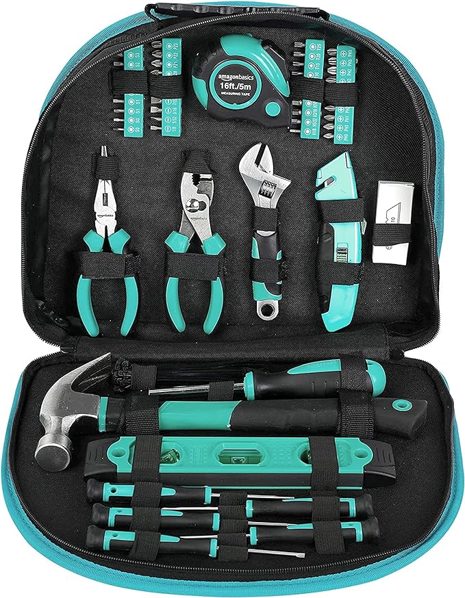 Amazon Basics Tool Set With Easy Carrying Round Pouch, 104-Piece, Turquoise, 14.4 x 11.4 x 3 inches