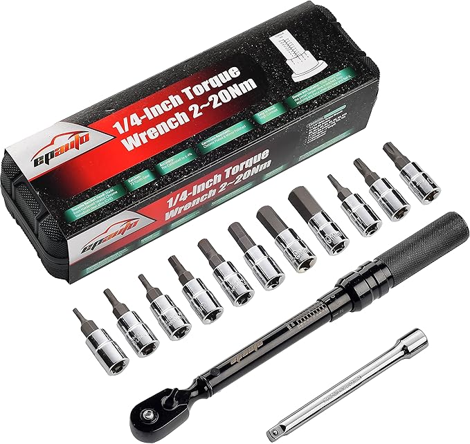 EPAuto Bike Tool 1/4 Inch Drive Click Torque Wrench Set (2 to 20 Nm), Hex/Torx Bit Socket Extension Bar Bicycle Maintenance Kit, Black