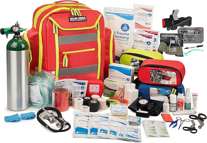 Scherber Fully-Stocked Premium First Responder Backpack | EMT/EMS Medic Trauma, Bleeding & Oxygen Medical Kit | CAT Tourniquet, QuikClot 4x4, HyFin Chest Seal & 250+ First Aid Supplies - Red