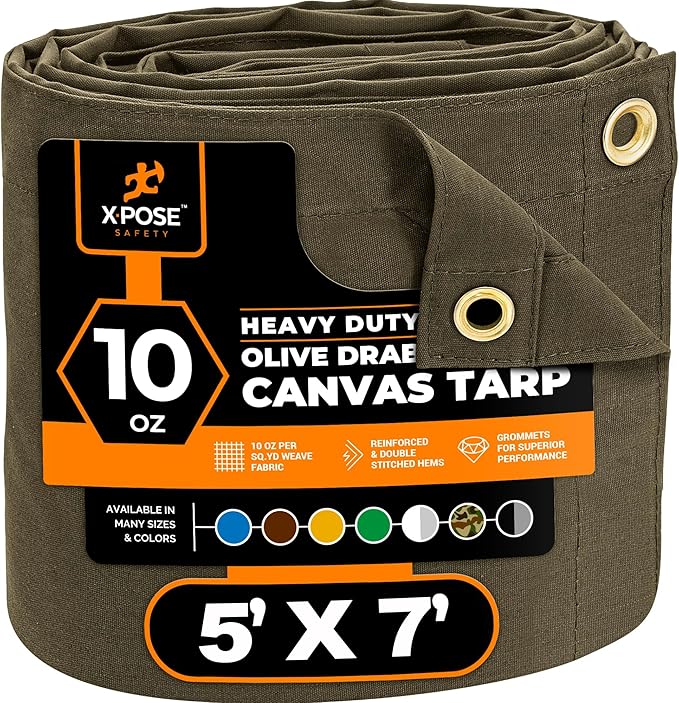 Xpose Safety Canvas Tarp - 10oz Olive Drab Canvas Tarps Heavy Duty Water Resistant with Brass Grommets- Multipurpose Outdoor Tarpaulin for Camping, Canopy, Trailer, Equipment Cover 5' x 7'