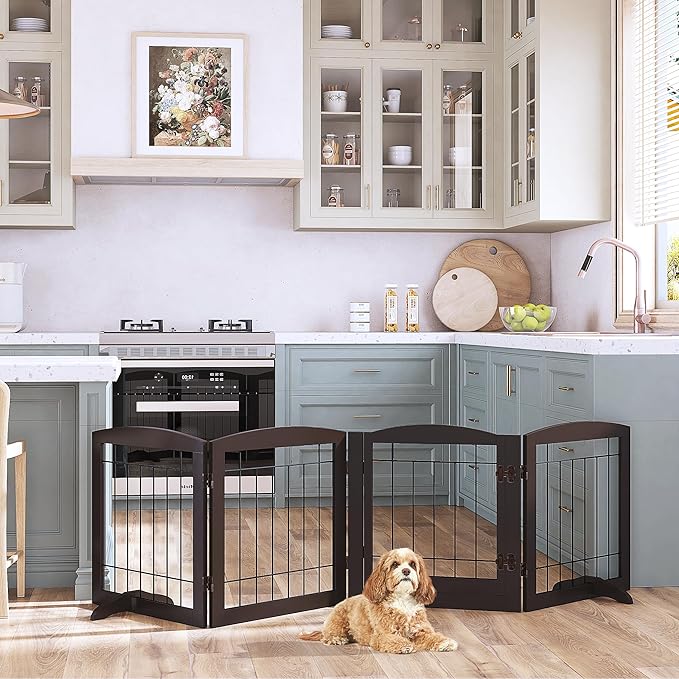 PAWLAND Freestanding Dog gate with Walk Through Door, Dog Gates for Doorways, The House, Stairs, 80" Wide Pet Puppy Safety Fence with Support Feet, 4 Panels, Espresso