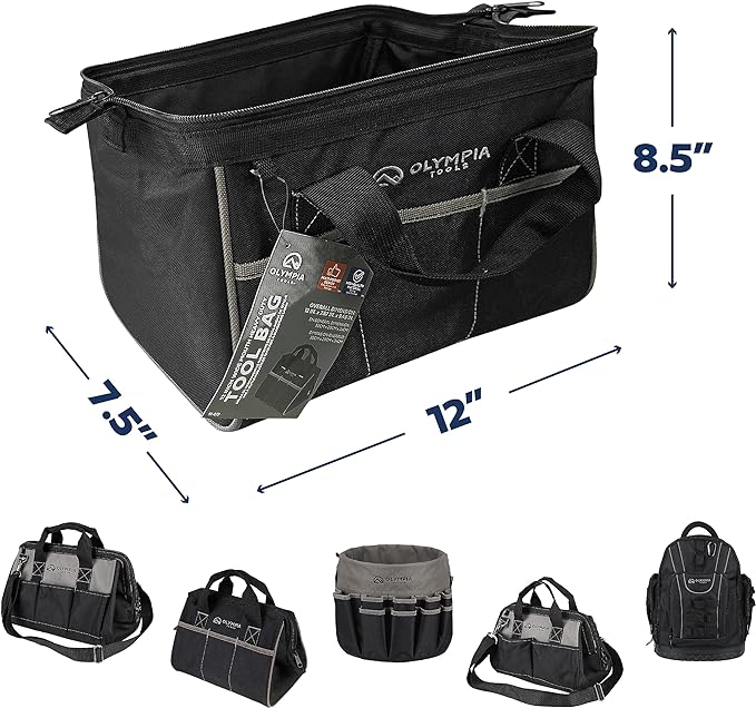 Olympia Tools Tool Bag 12 Inch, Heavy Duty Tools Bag with 3 Large Pockets, Adjustable Shouder Straps and 600D Reinforced Material
