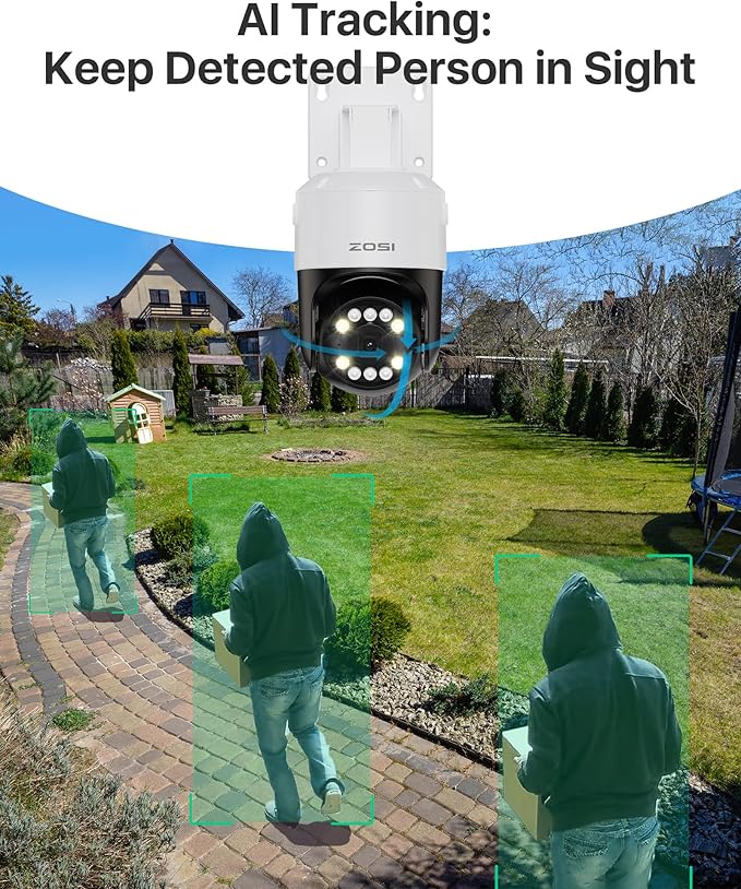 ZOSI 4K PoE Security Camera System with AI Face Person Vehicle Detection, 4 x 5MP 3K Outdoor Auto Tracking PT PoE Camera with 5X Digital Zoom, 2-Way Audio, 8CH 8MP NVR with 2TB HDD (16CH Expandable)