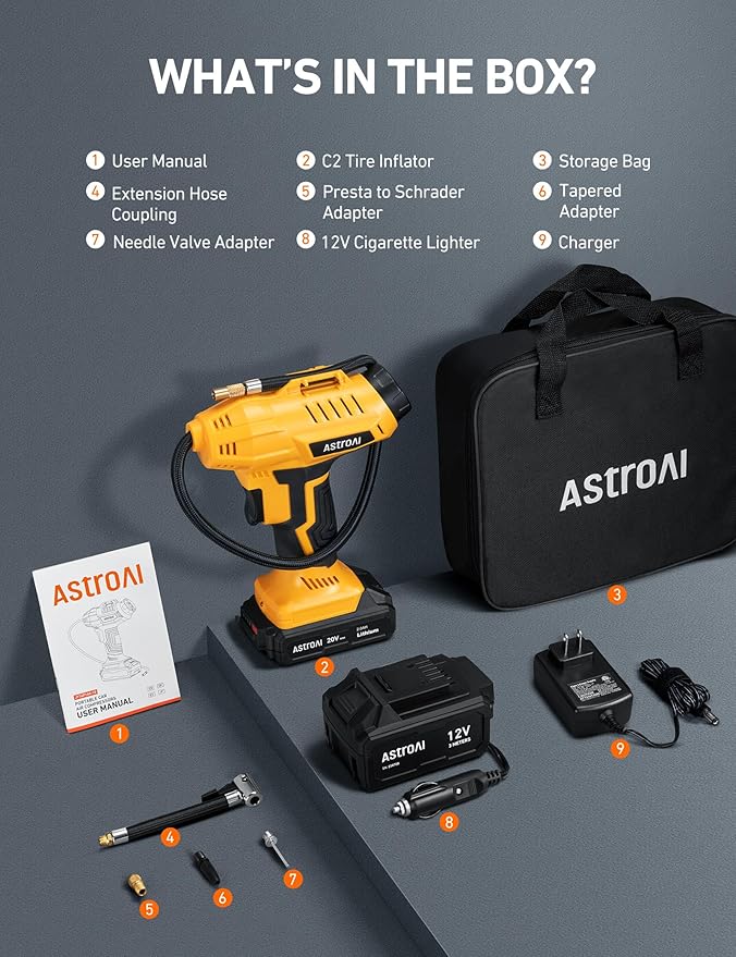 AstroAI Cordless Tire Inflator Air Compressor 20V Rechargeable Battery Powered 160PSI Portable Air Pump with 12V Car Power Adapter Digital Pressure Gauge for Cars Motorcycles JY16P160-18（C2）Yellow