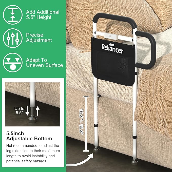 RELIANCER Bed Safety Rail for Elderly Adults w/Support Leg & Motion Light,Dual Handle Assist Grab Bar for Seniors,Adjustable Bedside Support Railings,Bed Side Assist Guard Rail,Bedside Hand Guard Bar
