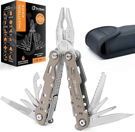15-in-1 Multitool Pocket Knife, Multipurpose Stainless Steel All In One Tool for Camping Hiking Survival Travel Home - Portable Heavy Duty Folding Utility Multi Tool with Self-Locking