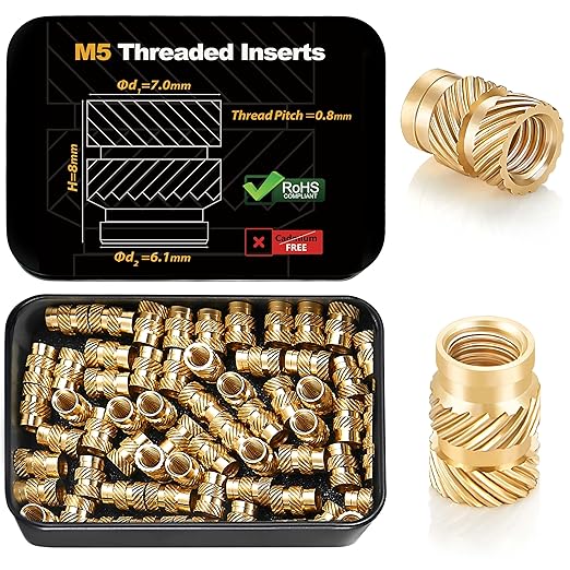 Kadrick 60Pcs M5 Threaded Inserts for 3D Printing Components,M5*H8*D7 Metric Brass Knurled Nuts, Insert by Heat into Plastic Parts