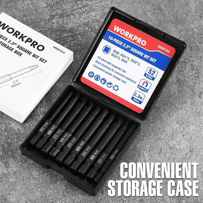 WORKPRO 10pcs Square Bit Set, CNC Machined S2 Steel Magnetic Screwdriver Bits Set, 1/4 Inch Hex Shank Driver Bits, 2.3 Inch Long Screwdriver Bits Set with Storage Box