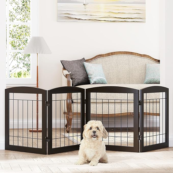 PAWLAND Dog Gate for The House Doorway Stairs Foldable Freestanding Indoor Pet Gate for Dogs Wooden Puppy Safety Fence 80" Wide 24" Height 4 Panels, Espresso